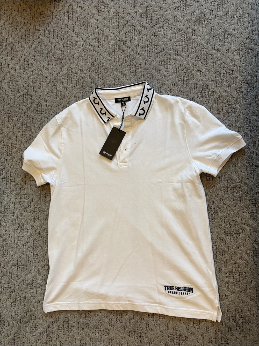 True Religion White Polo with Navy Trim Collar